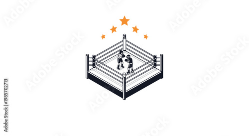 Isometric boxing ring with two professional athletes competing in a high stakes match featuring bright orange stars above the arena.