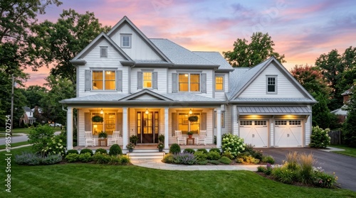 Beautiful modern farmhouse with a welcoming porch and lush landscaping at sunset