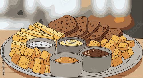 A platter of cheese, bread slices, and dips with a light background