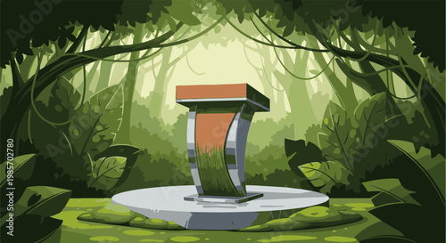 A platform for a presentation is situated in a lush, green forest with vines