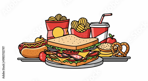 A platter of hearty, cartoonish fast food including a large sandwich, hot dog, and chips