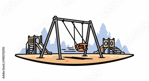 A playground with swings and slides against a soft blue, cloudy sky