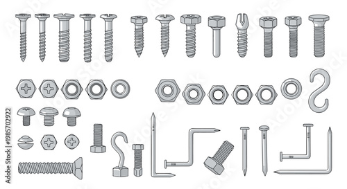 Large collection of silver metal fasteners including various types of screws, bolts, nuts, washers, and nails for construction and repair.