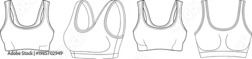 Supportive sports bra set, front and side views, seamless athletic lingerie design, activewear apparel outline template collection – vector illustration