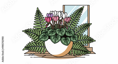 A potted cyclamen and fern plant sits on a windowsill beside a window