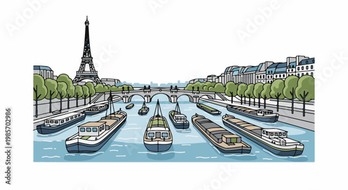 A picturesque Seine river scene with boats and Eiffel Tower