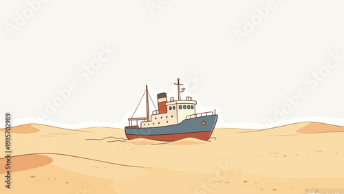 Surreal Minimalist Illustration of a Steam Ship Sailing Through Sand Dunes in a Desert, a Dreamlike Absurdist Artwork With Soft Warm Tones