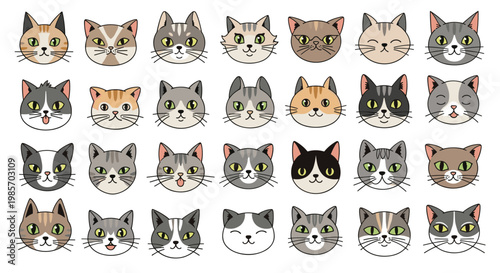 Large collection of diverse and cute cat faces with different colors and patterns shown in a clean grid layout on a white background.