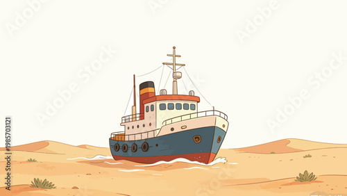 Surreal Whimsical Illustration of a Vintage Steam Ship Sailing Through Sand Dunes in a Desert, Blending Nautical and Arid Landscape Elements