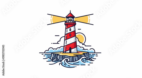 A red and white striped lighthouse stands on a rocky island in the ocean