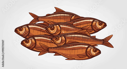 A school of small, brown, glistening fish, illustrated in a cartoon style