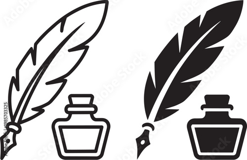 Feather quill and inkwell illustration set on transparent in outline style for writing and pen