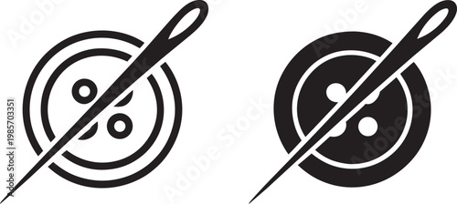 Sewing needle and button icons on transparent in outline style for white background and craft