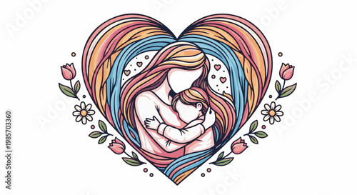 A mother holds her child within a heart of flowing hair and flowers