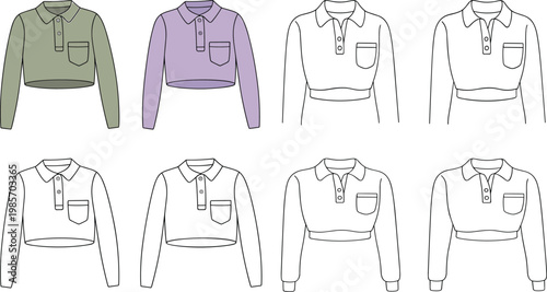 Trendy cropped polo sweatshirt mockup set, long sleeve top variations, front view apparel design templates, casual fashion – vector illustration