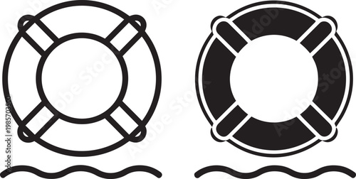 Two lifebuoys, one outlined and one solid, floating on waves for ring buoy and safety ring