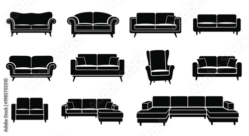 Black silhouettes of various furniture pieces including different types of modern and classic sofas, couches, and comfortable armchairs.