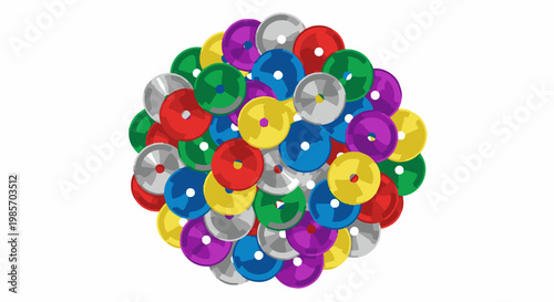 A pile of colorful weight plates in red, blue, yellow, green, purple, and grey