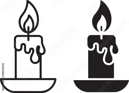 Two burning candles with dripping wax illustration on transparent in outline style
