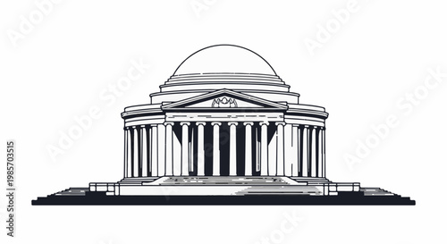 A neoclassical building with a domed roof and colonnade on a white background