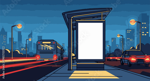 A nighttime city scene depicts a bus stop with a blank billboard, cars driving, and distant buildings