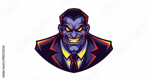 A menacing, purple-faced figure with glowing eyes and a wide, sharp-toothed grin in a dark suit