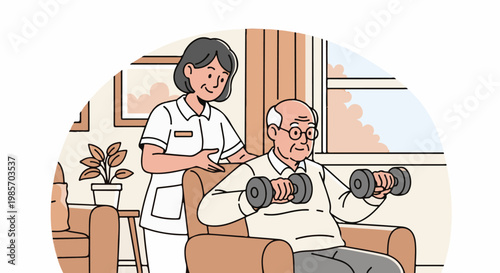A nurse assists an elderly man lifting dumbbells in a comfortable room