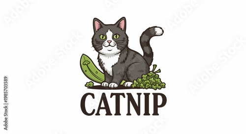 A cute cartoon cat sits happily beside a cucumber and catnip