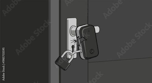 A padlock and an electronic lock mechanism engaging a door latch