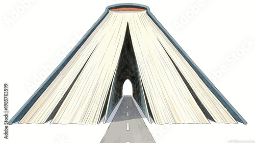 Surreal Hand-Drawn Illustration of an Open Book Shaped Like a Volcanic Mountain, With a Paved Road Extending Through a Tunnel Opening at its Center