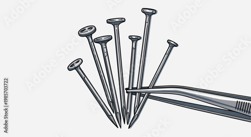 A pair of tweezers holding a bundle of metal nails