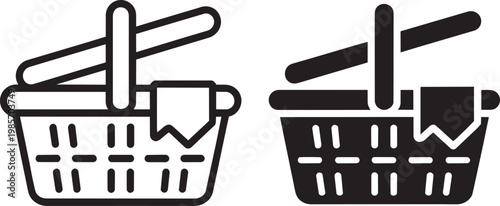 Two shopping baskets, one outline and one filled, on transparent for basket and groceries