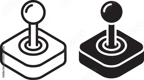 Two vintage arcade joysticks in outline and solid fill on transparent for retro and gaming