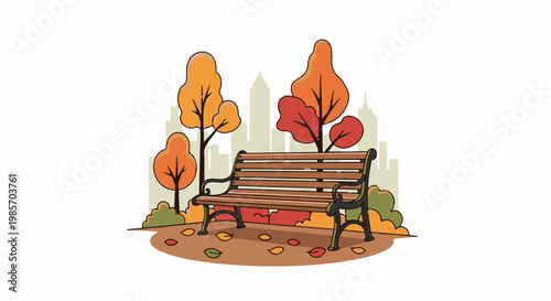 A park bench rests amidst colorful autumn trees and fallen leaves in a city park