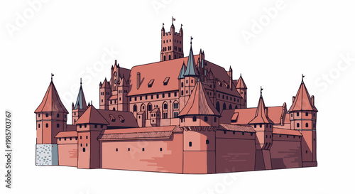 A large, complex medieval fortress with multiple towers and battlements