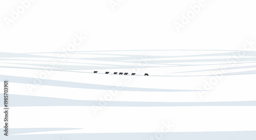 A group of dark animals traverse a vast, desolate snowy landscape