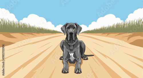 A large, grey dog sits patiently on a dirt road in a stylized landscape