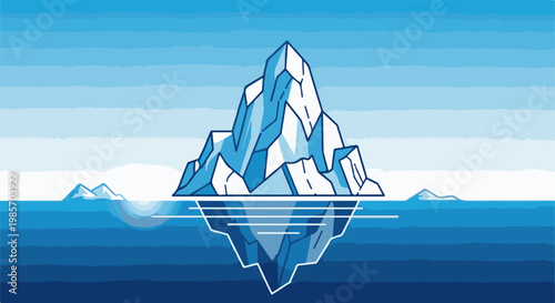 A large iceberg reflects in the ocean under a gradient blue sky