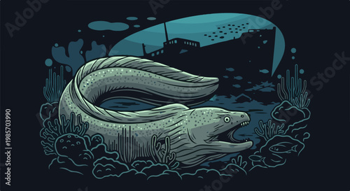 A large moray eel with its mouth open, swimming near a shipwreck