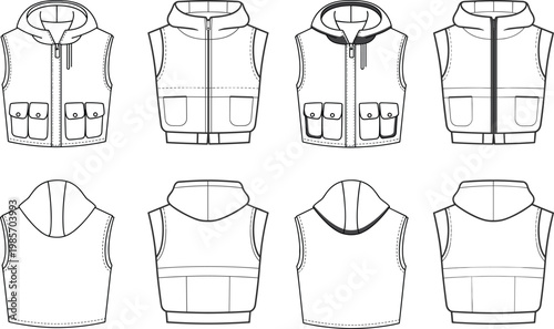 Utility hooded vest mockup collection, sleeveless outerwear with zipper and pocket details, front and back apparel templates – vector illustration