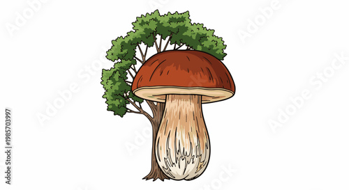 A large mushroom with a brown cap stands in front of a green tree
