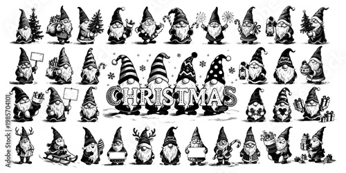 Multiple Christmas gnomes in a black and white sketch style on a clean background, showing a joyful holiday concept
