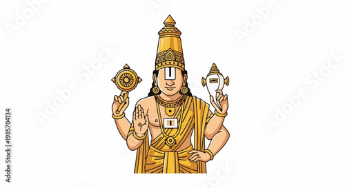 A golden-hued deity figure with multiple arms, holding symbolic objects