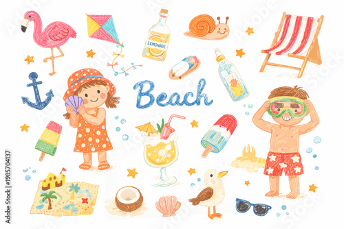 Kids Summer Adventure Doodle Set – Hand Drawn Beach Activities and Objects Collection