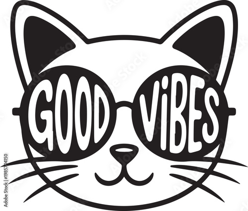 Cute good vibes cat wearing sunglasses vector illustration