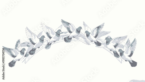 Watercolor Illustration of a Flock of Peace Pigeons Flying in Formation Along a Gentle Arch Against a Plain Off-White Background