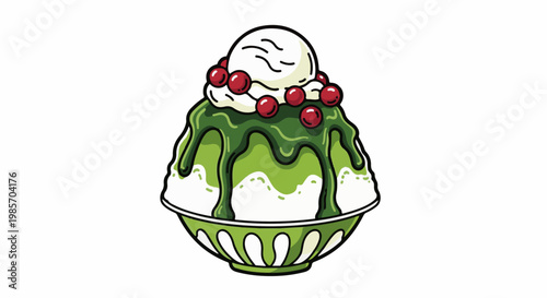 A refreshing green shaved ice dessert with whipped cream, berries, and syrup