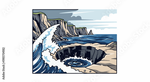 A large wave crashes near a coastal cliff and a natural rock archway