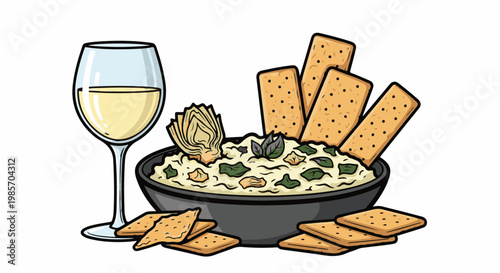 A glass of white wine sits next to a bowl of creamy dip topped with artichoke