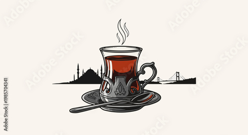 A glass of steaming tea on a saucer with a spoon, city silhouette